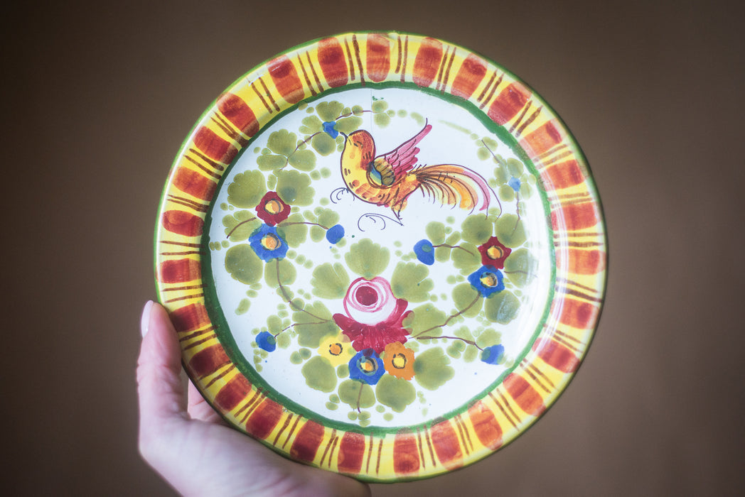 Rustic hand painted ceramic plate with flower and bird ornament, vintage, Germany