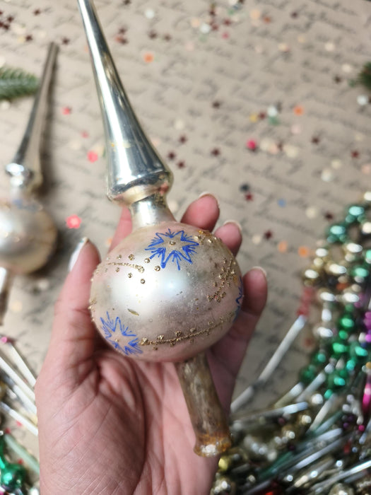 Vintage Silver Glass Tree Topper with Blue Stars – 1960s