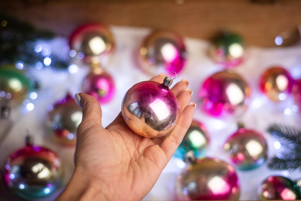 Rainbow Vintage Glass Christmas Ornaments – 1970s Boho Xmas Set (3–12 pcs)