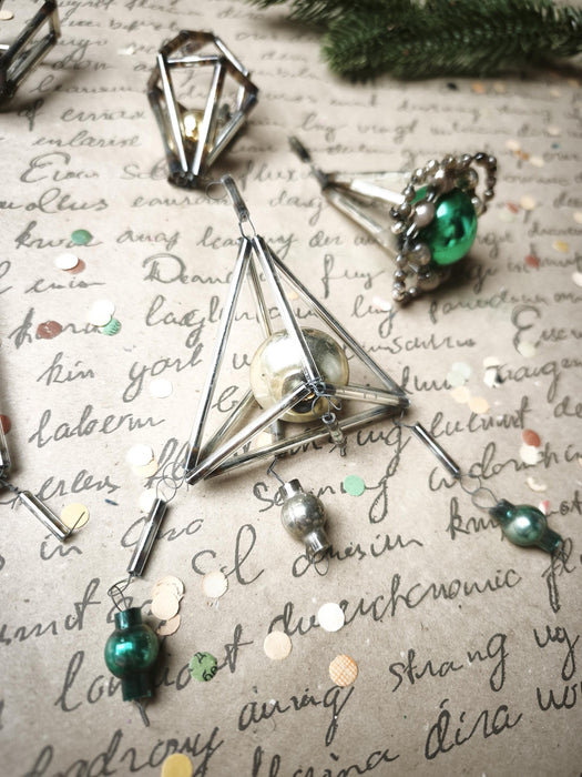 Vintage Glass Christmas Ornaments, Silver Green Montage Set, 7 Pc