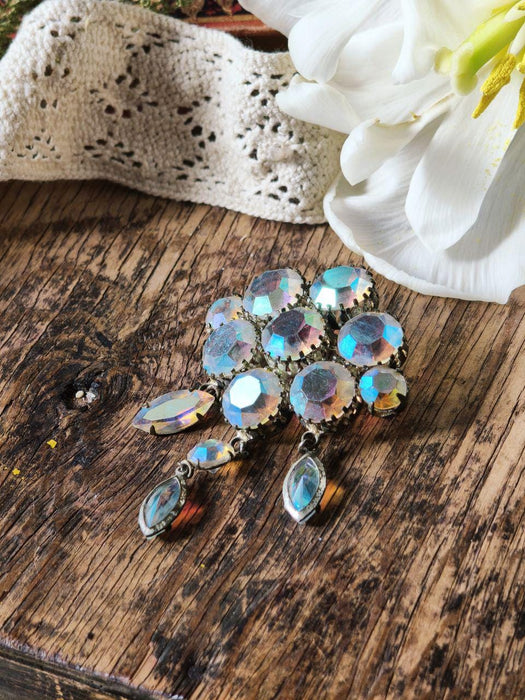 Vintage Rhinestone Brooch, Iridescent Crystal Pin Art Deco Style Statement