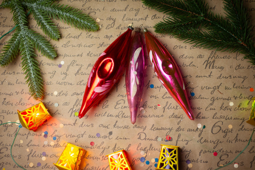Pink Indent Glass Icicle Ornaments, Vintage Set of 3