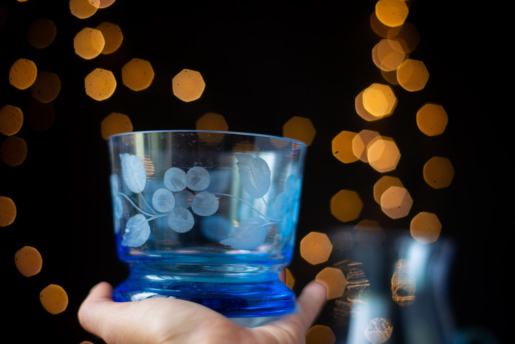 Vintage Blue Glass Drinkware Set with Pitcher, Wine Glasses, Water Tumblers & Candy Bowl, 1970s
