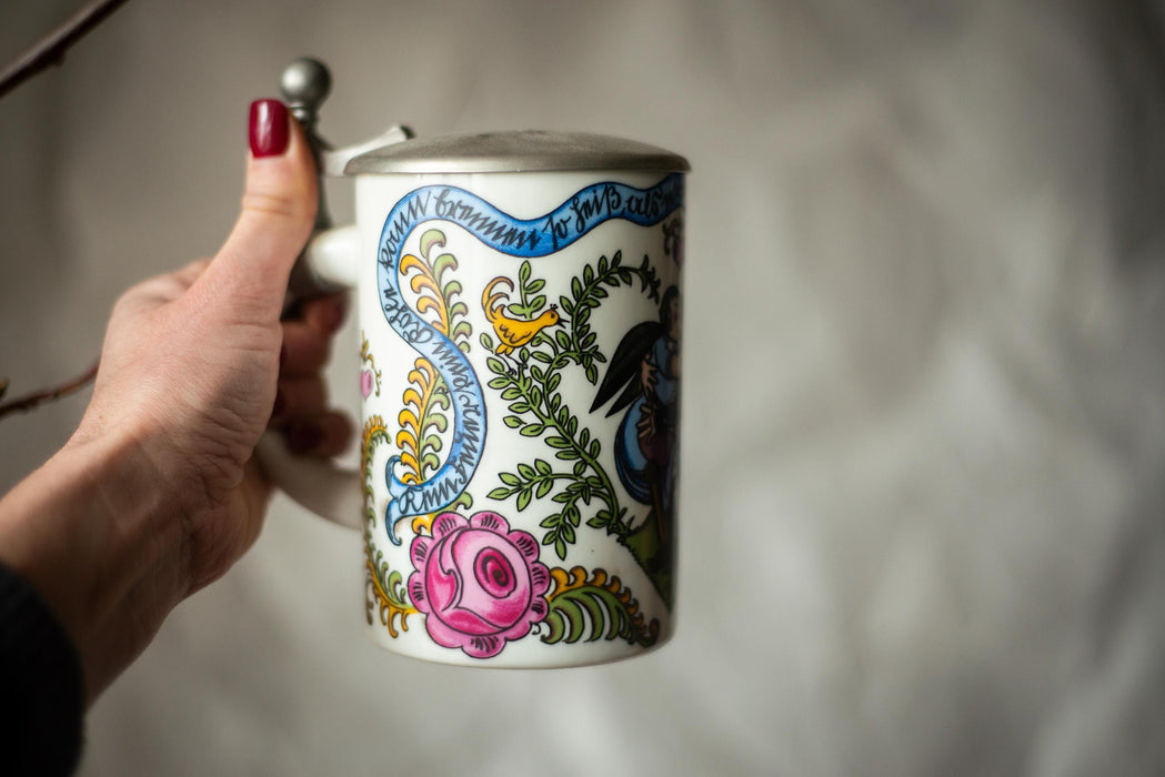 Vintage German Ceramic Beer Steins with Pewter Lids Folk Art Barware