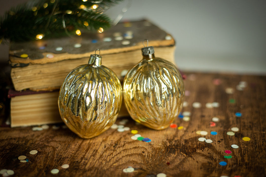 Golden Glass Nut Ornaments Vintage Walnut Almond