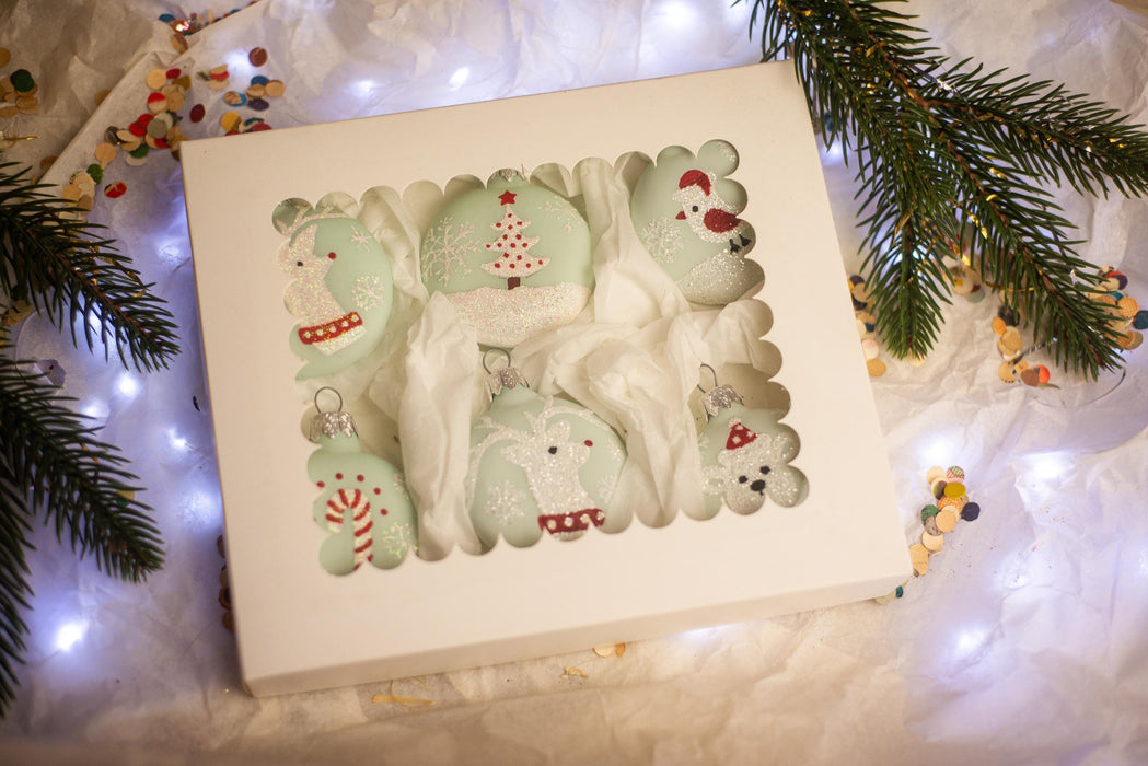 Set of 6 glass Christmas ornaments, cute Xmas tree hanging decorations