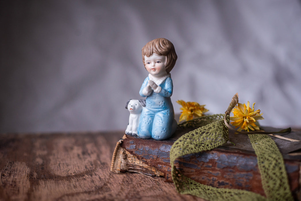 Praying girl with puppy figurine, Catolic gift, Germany porcelain, religious home decor