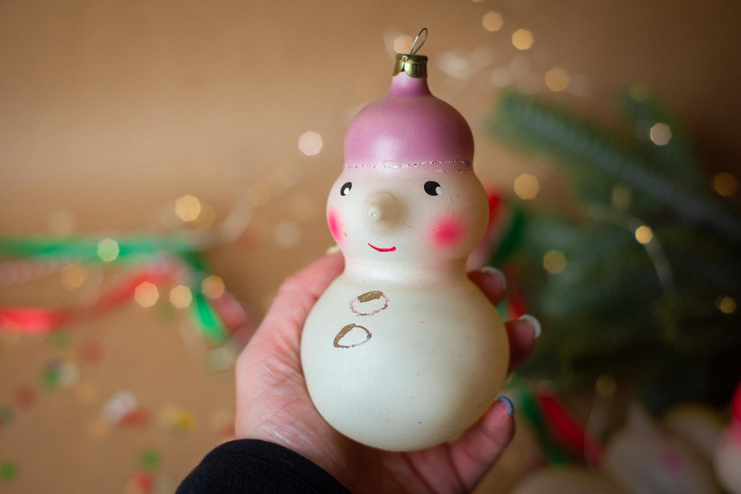 Vintage Glass Snowman Ornament, 1970s Rustic Christmas