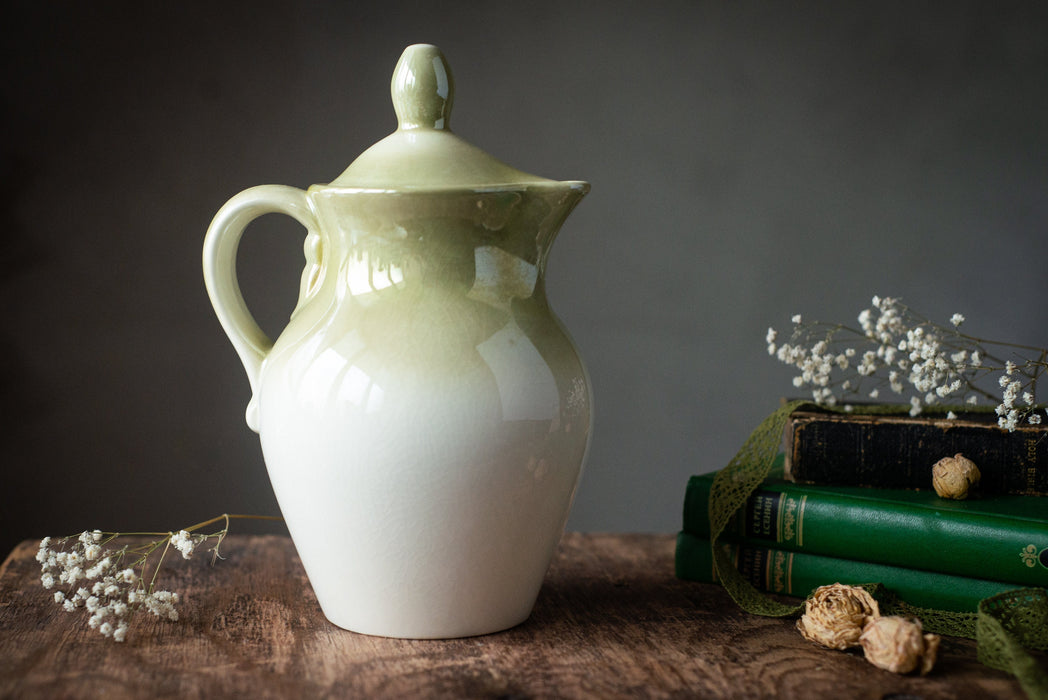 Vintage ceramic pitcher, Pottery milk jug with lid,  lidded carafe, Water or tea jug, Ceramic dinnerware