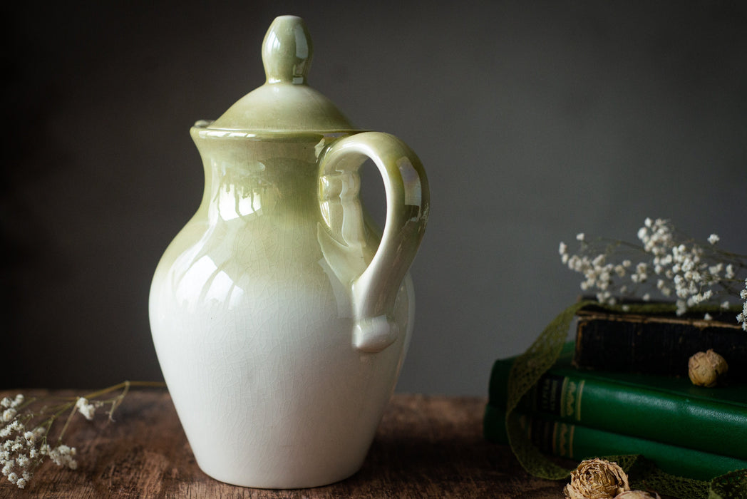 Vintage ceramic pitcher, Pottery milk jug with lid,  lidded carafe, Water or tea jug, Ceramic dinnerware