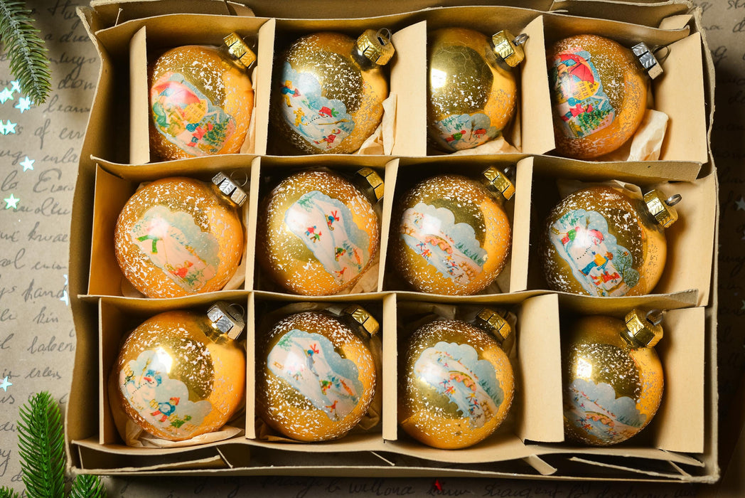Vintage Glass Ornaments – Set of 12 Gold Christmas Baubles with Snowy Winter Scenes