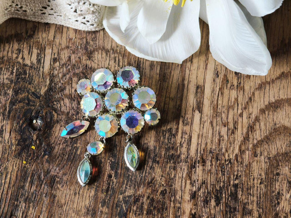 Vintage Rhinestone Brooch, Iridescent Crystal Pin Art Deco Style Statement