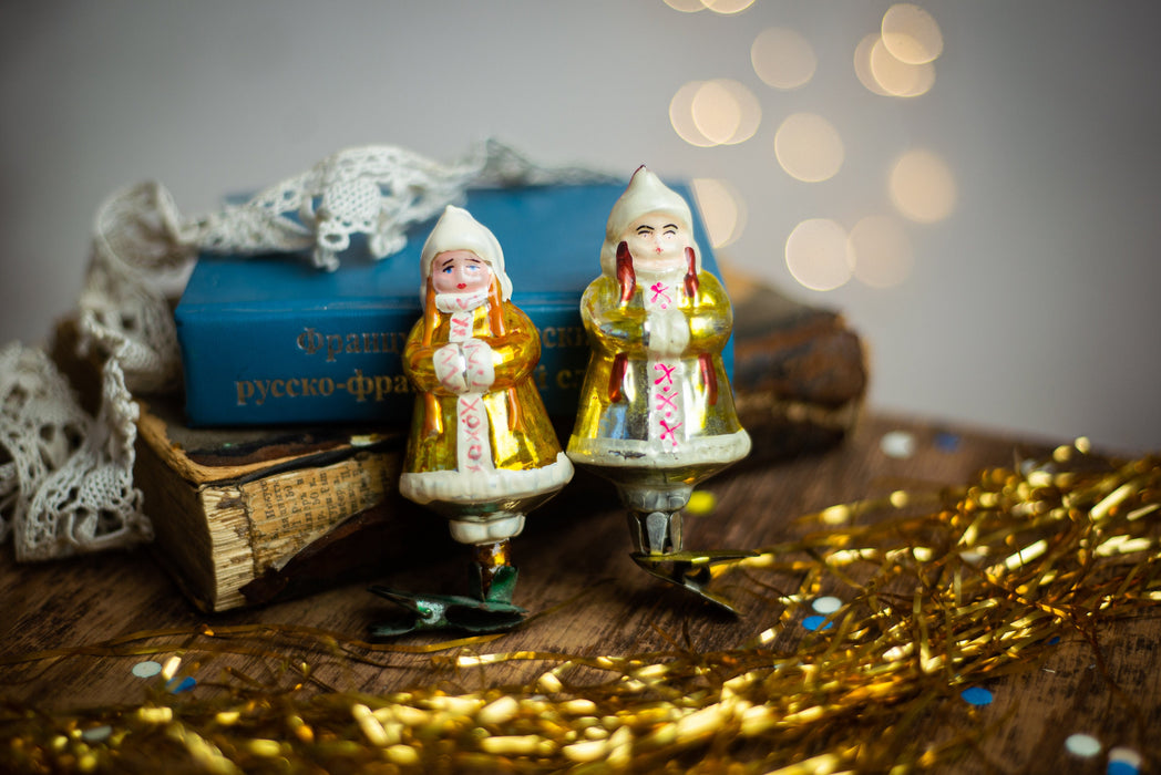 Vintage Girl Clip Ornament, Hand Painted Soviet Glass