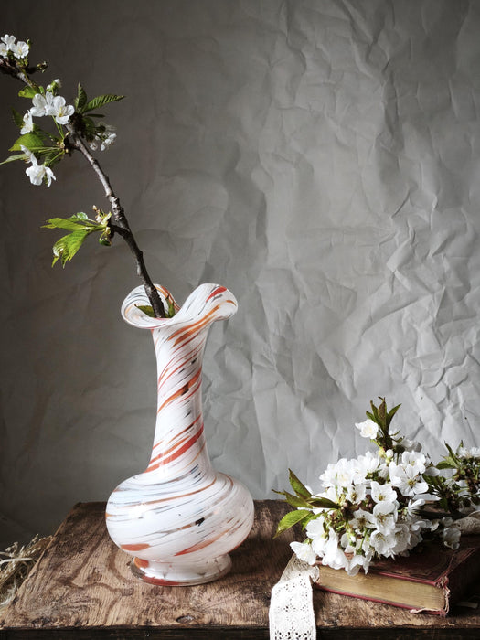 Murano Style Swirl Glass Vase, Hand Blown White Orange Mid Century Decor