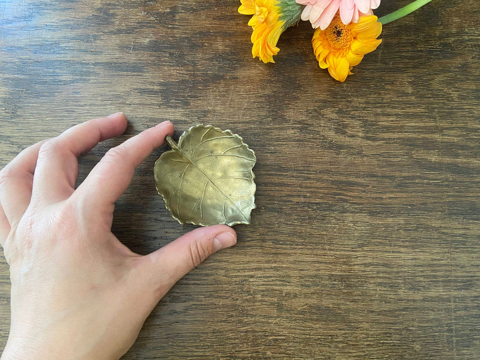 Brass Trinket Dish - Vintage Leaf Dish | Jewelry Ring Holder Tray, Small Brass Plate