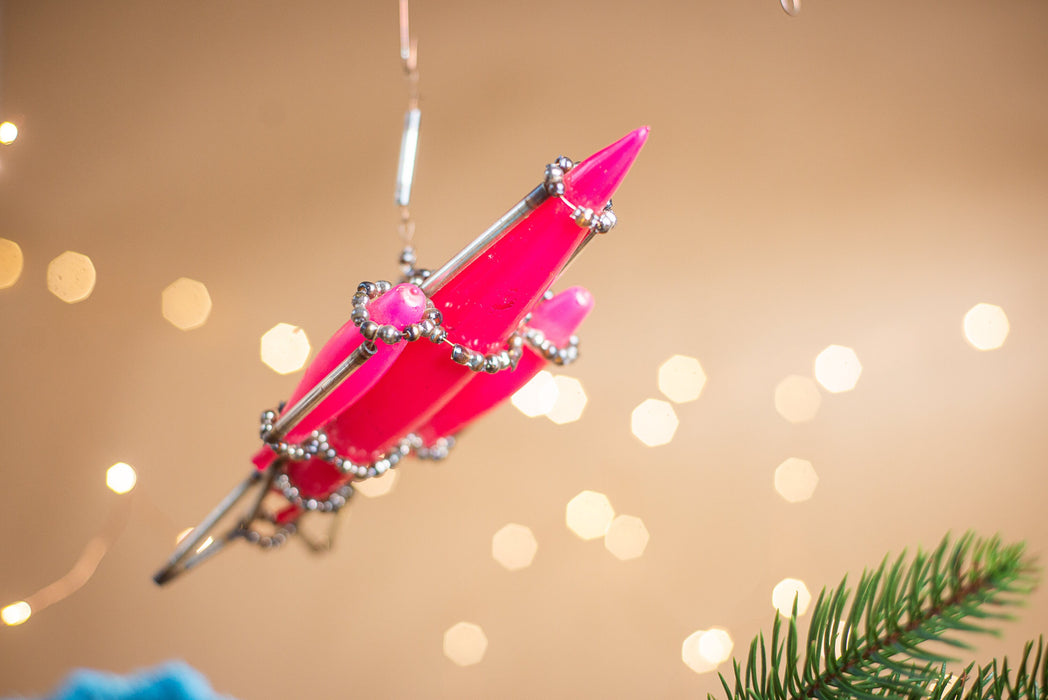 Vintage Rocket Ornament, Hot Pink 1950s Glass Beaded Montage