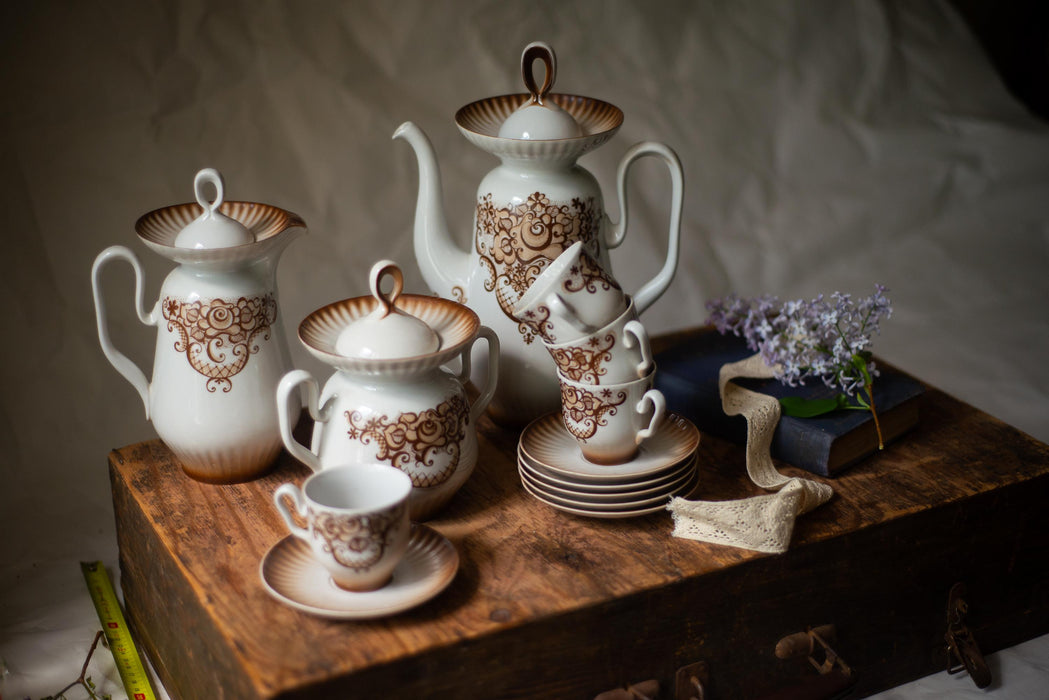 Vintage Porcelain Coffee Set, 1980s, Brown Baroque Pattern Tea Set, Full Coffee Service for 6