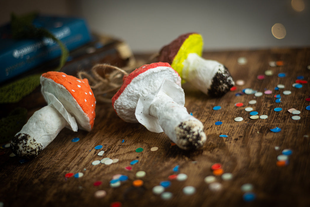 Spun Cotton Mushroom Ornaments, Handmade Fly Agaric