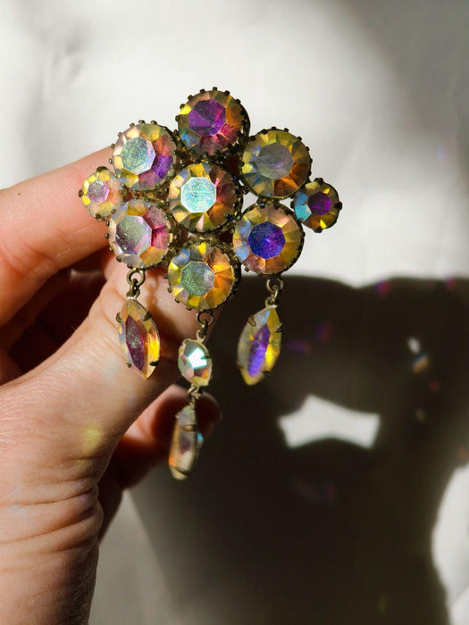 Vintage Rhinestone Brooch, Iridescent Crystal Pin Art Deco Style Statement