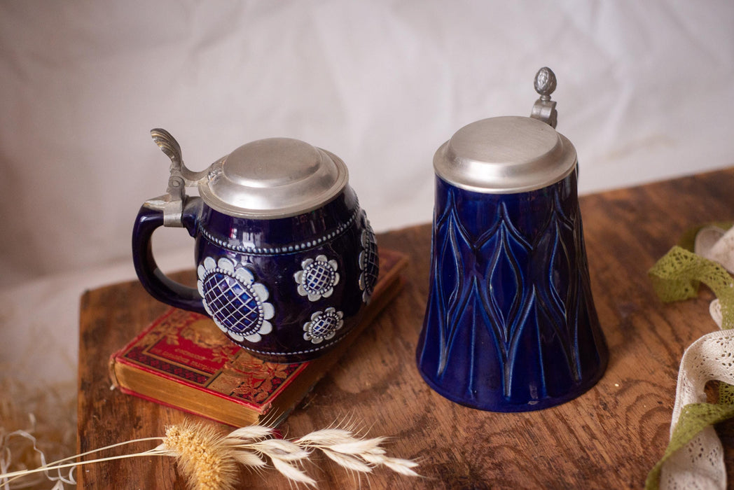 Vintage Cobalt Blue Beer Stein Bavarian Ceramic Mug with Lid