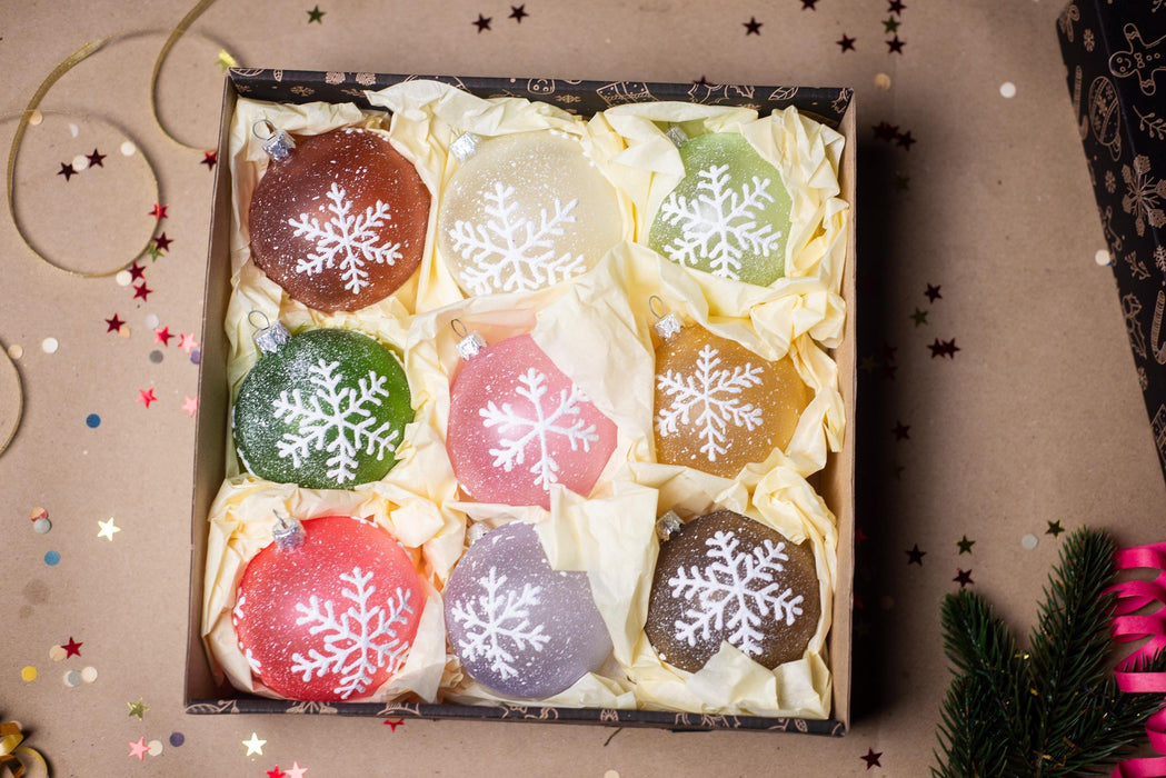 Set of 9 Glass Snowflake Ornaments, Pastel Rustic Christmas Baubles