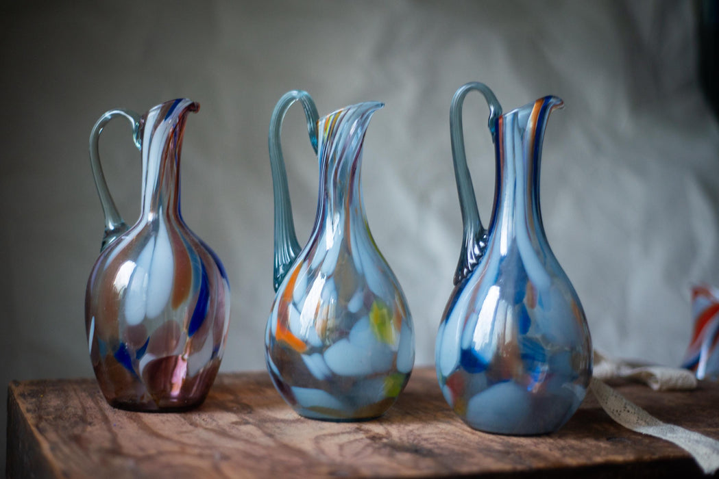 Murano Style Vintage Pitcher, Mid Century Art Glass Jug, Hand Blown Water or Wine Decanter