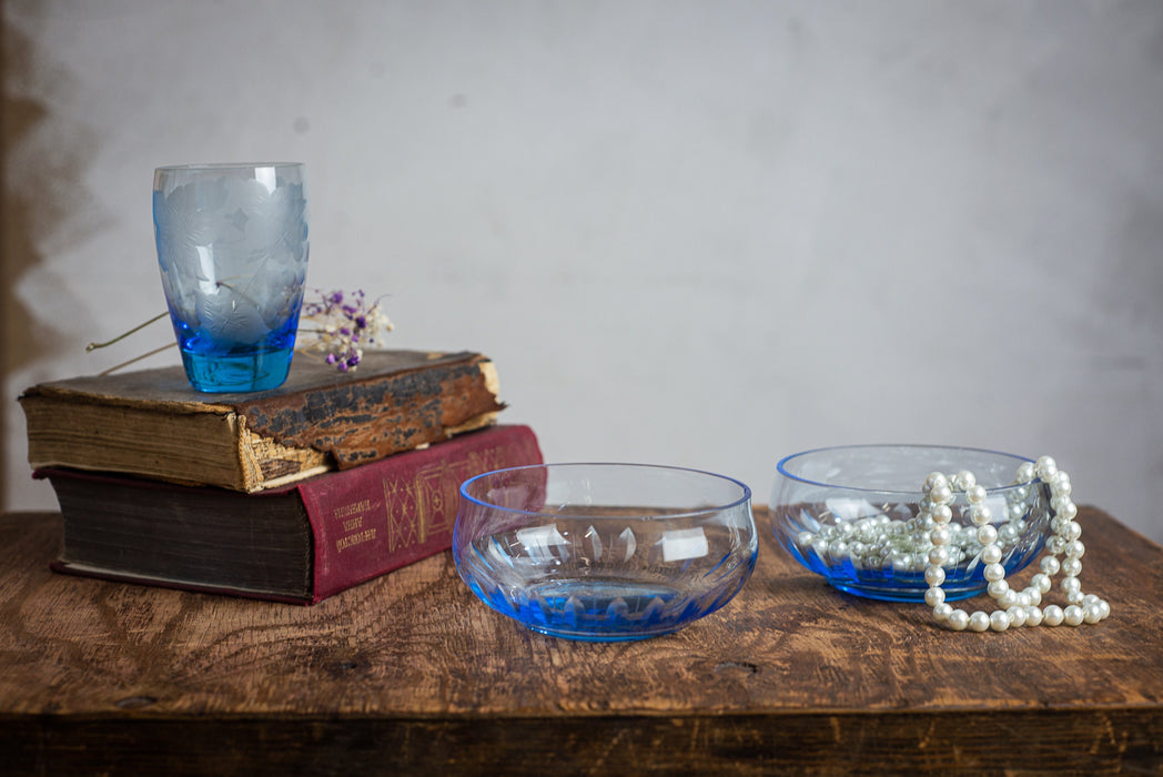 Vintage Blue Glass Serving Bowls – 1980s Set
