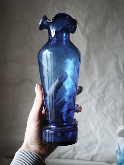 Cobalt Blue Glass Vase Mid Century, Tall Retro Aesthetic Decor