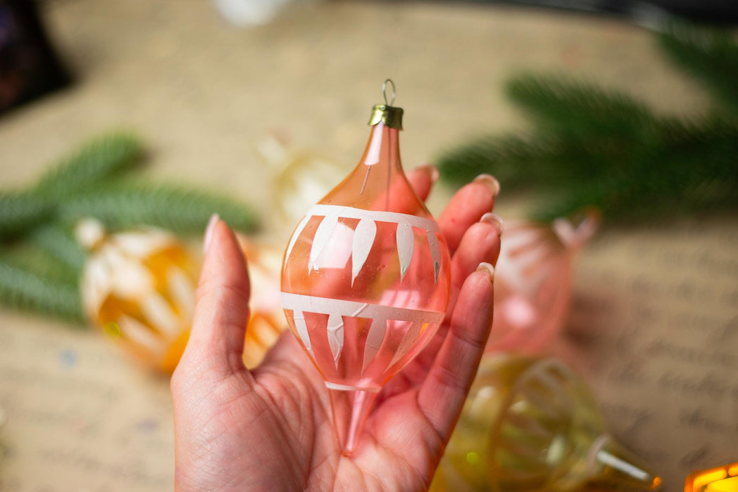 1950s Pink Yellow Glass Drop Ornaments – Set of 7