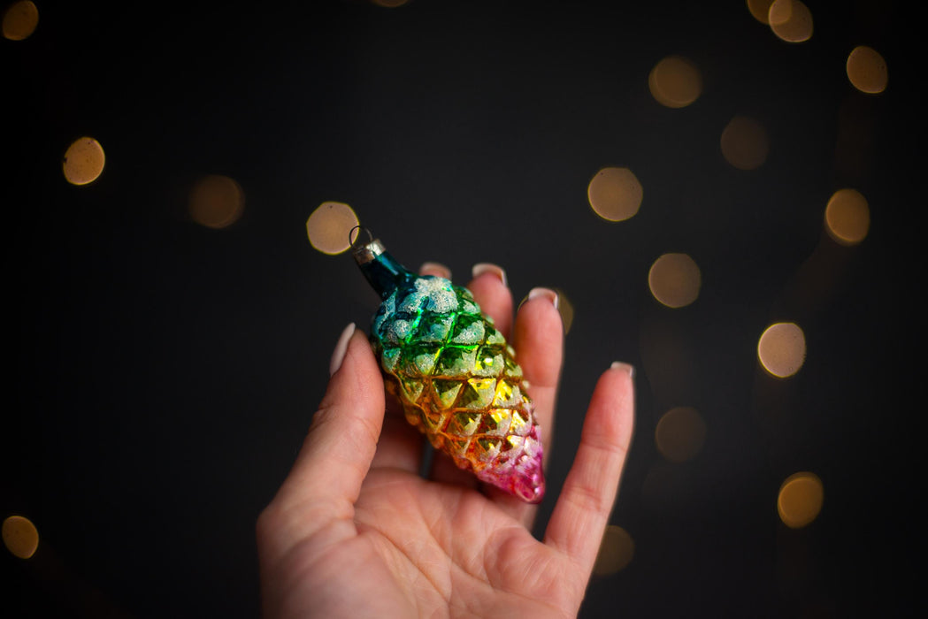 Vintage Rainbow Pine Cone Ornaments, GDR 1960s Thin Glass Set
