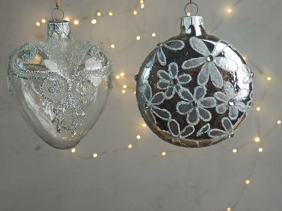 Hand Blown Glass Christmas Ornaments Set, Frosted Heart & Floral Disk Decor