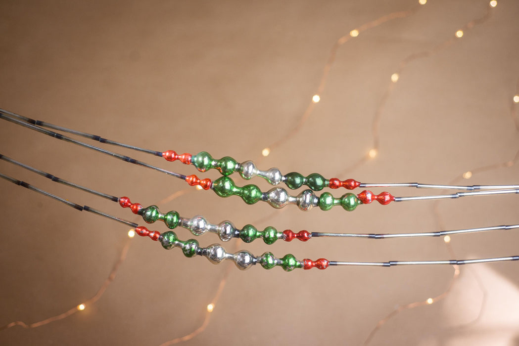 Vintage Glass Bead Christmas Garland, Green Silver Red Bugle Beads, 1970s