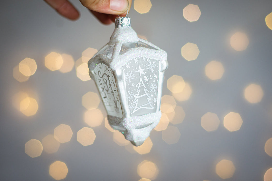 Frosted Glass House Ornament, White Winter Village