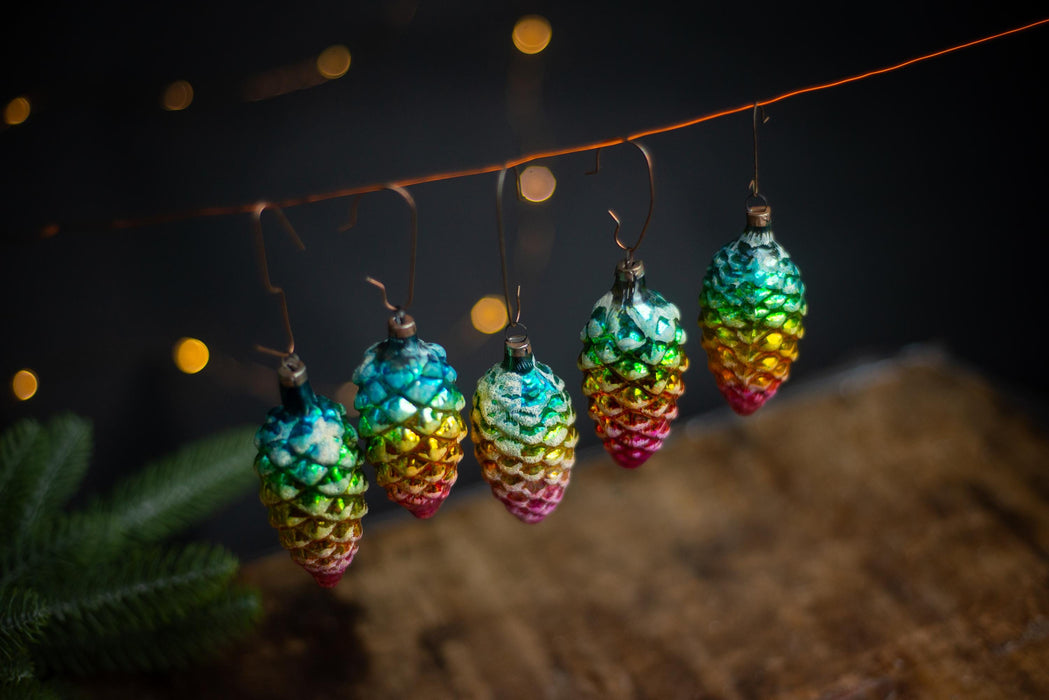 Vintage Rainbow Pine Cone Ornaments, GDR 1960s Thin Glass Set