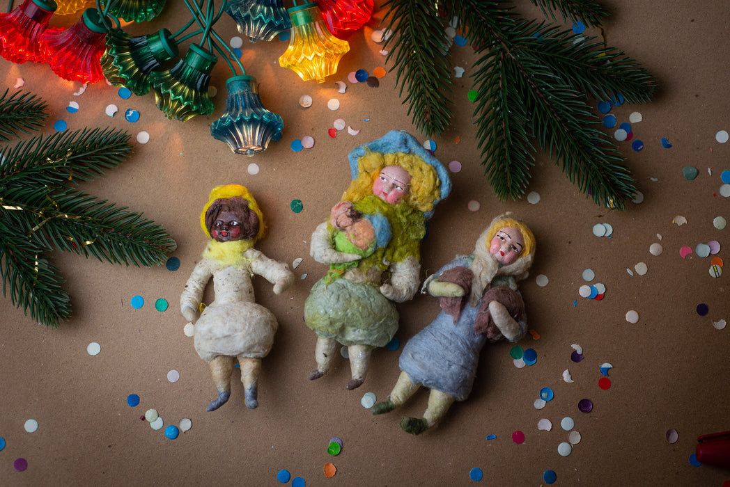 Spun cotton antique Christmas ornaments, girl figurine Xmas tree decoration, collectible