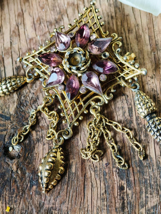 Vintage Purple Crystal Brooch, Ornate Brass Statement Pin Art Deco Style