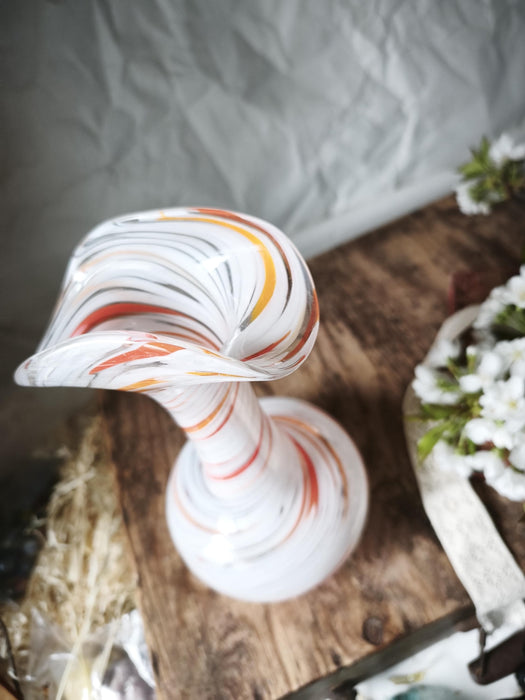 Murano Style Swirl Glass Vase, Hand Blown White Orange Mid Century Decor