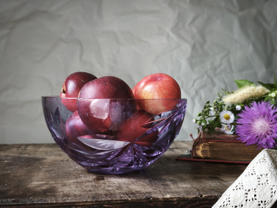 Vintage Purple Crystal Bowl – 1970s Violet Glass Fruit Bowl With Faceted Design