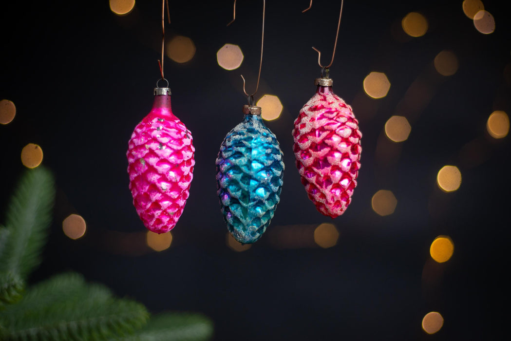 Vintage Rainbow Pine Cone Ornaments, GDR 1960s Thin Glass Set