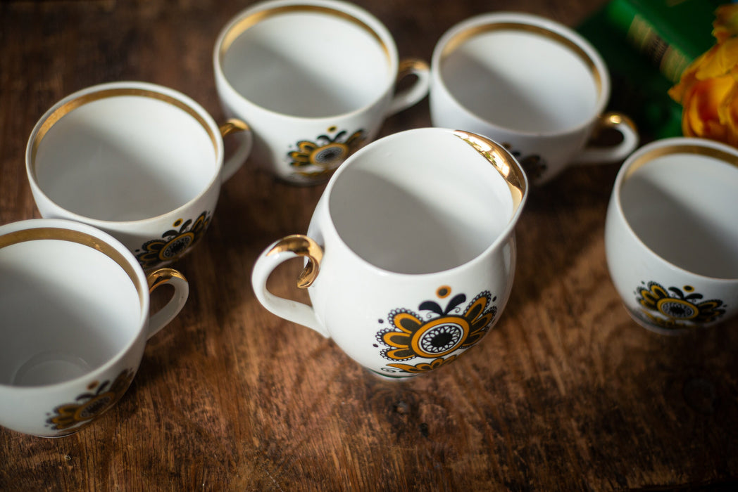 Vintage Ceramic Tea Set with Gold Trim, Boho Floral Cups Sugar Bowl and Jug
