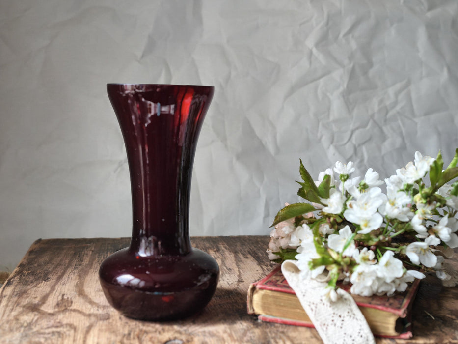Wine Red Glass Vase Mid Century, Retro Bud Vase Aesthetic Decor