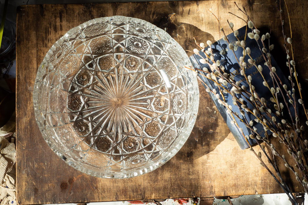 Vintage Cut Crystal Bowl, 1970s Clear Crystal Centerpiece