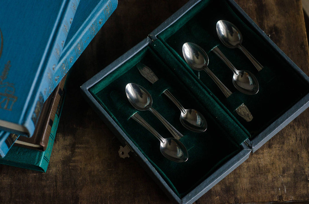 vintage tea spoon set, Silver Tone Dessert Spoons in Original Box