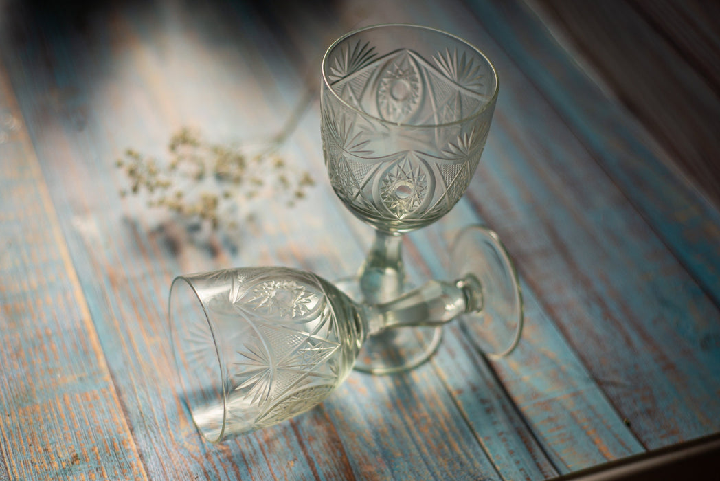 Vintage Etched Crystal Sherry Glasses – Set of 2