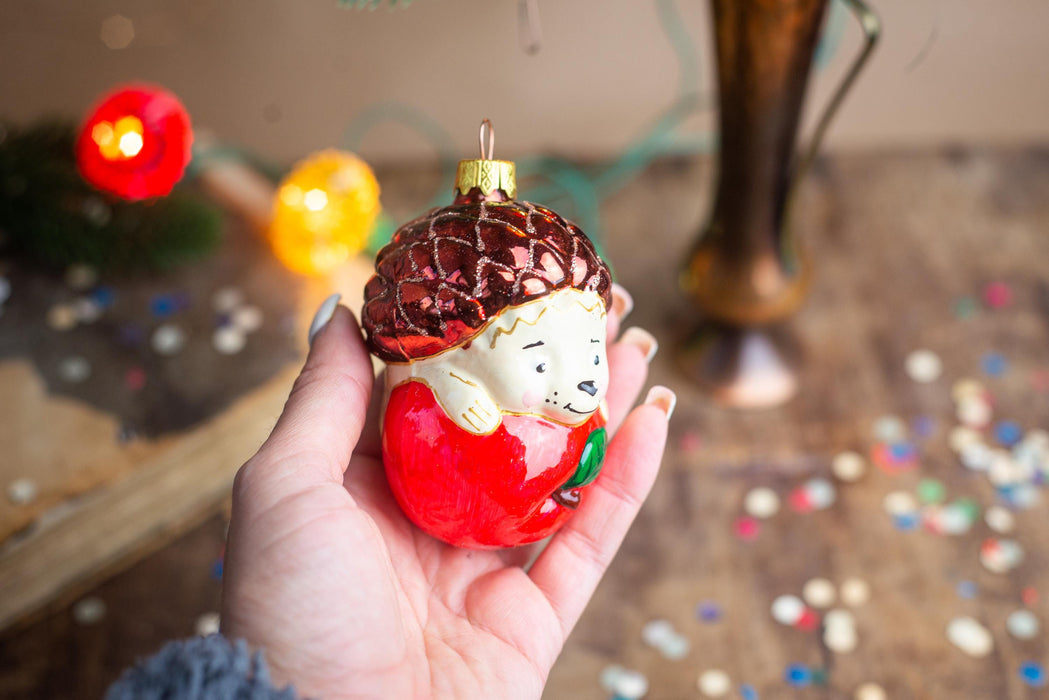 Vintage Glass Hedgehog Ornament with Apple, Woodland