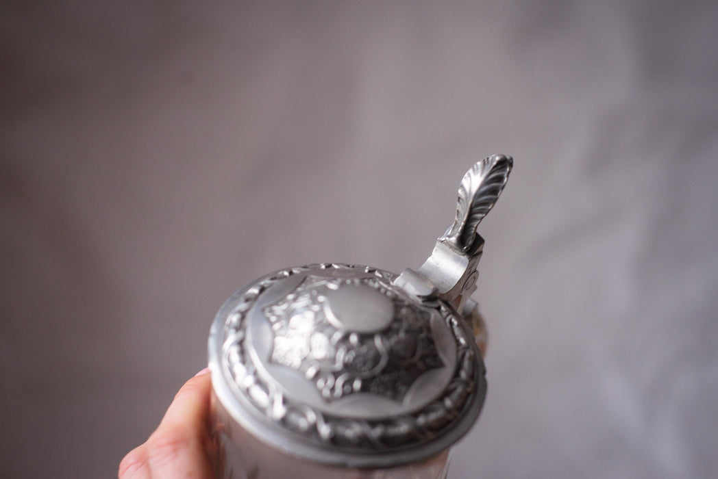 Vintage Glass Beer Stein with Pewter Lid German Barware Tankard