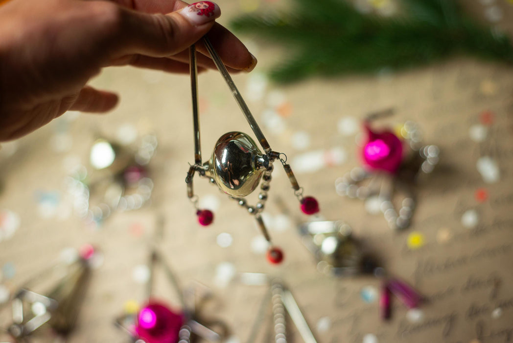Vintage Sputnik Glass Christmas Ornaments Set of 7, Geometric Retro Baubles