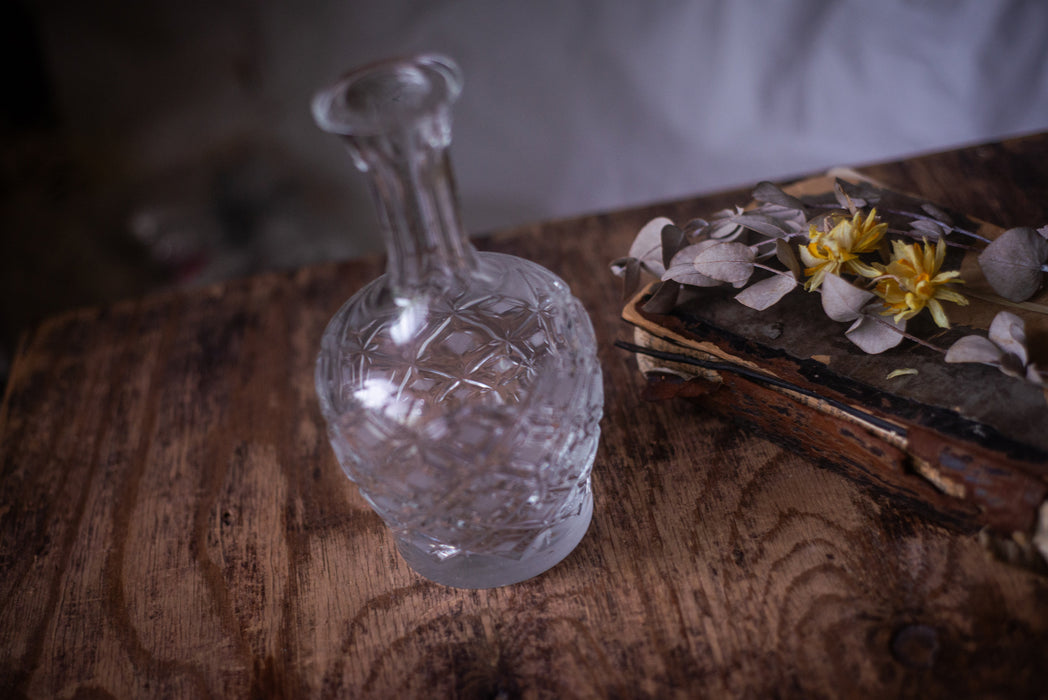 Vintage crystal glass decanter, alcohol carafe, vintage MCM barware, collectible whiskey decanter