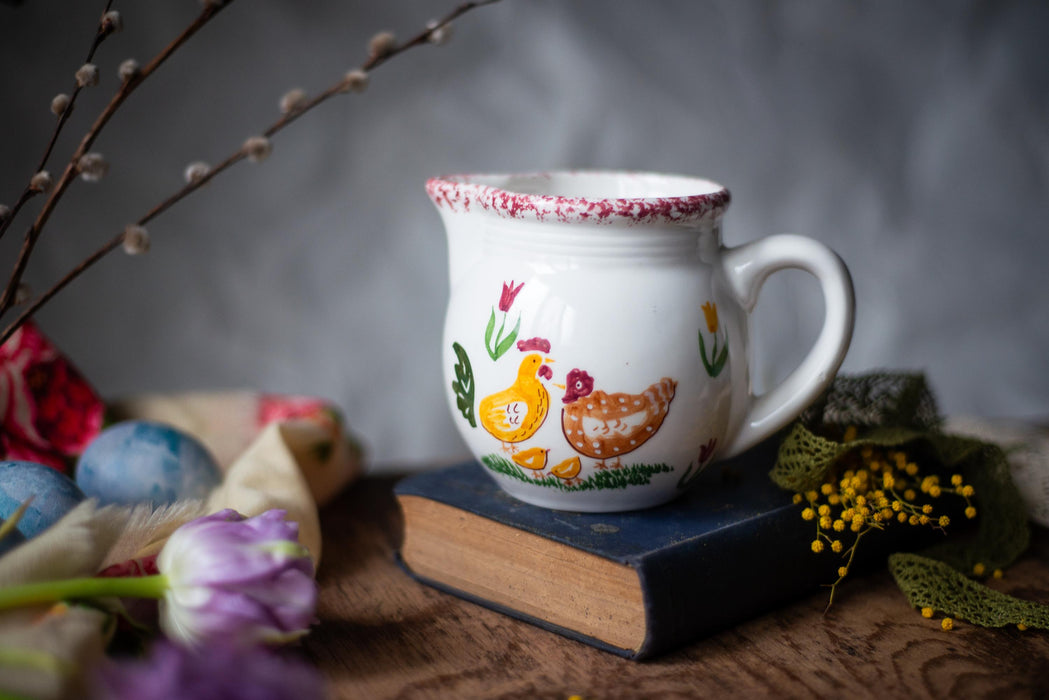Easter table serving with Chicken Rooster Art, Vintage Ceramic Pitcher, Rustic, Farmhouse Kitchen
