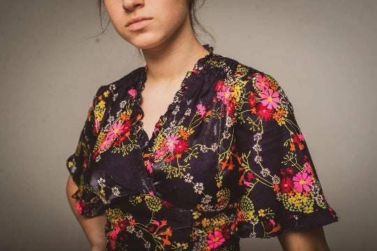 Vintage Floral Dress - Blue Satin Midi Wrap With Waisted Silhouette & Boho Style